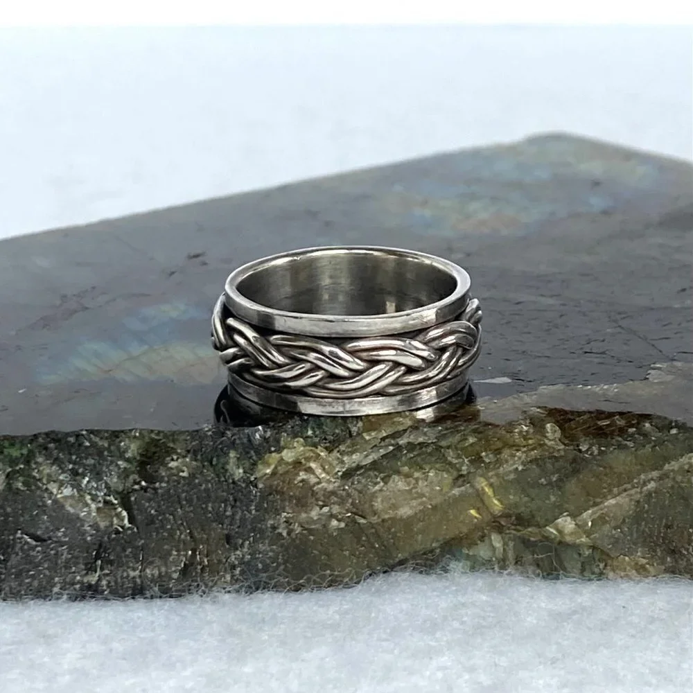 Sterling Silver 925 8MM Unisex Braided Rope Wide Band Spinner Ring Size 8.25 8g